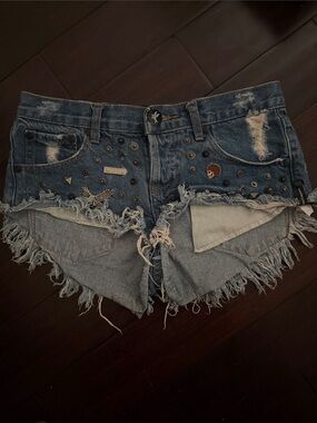 One Teaspoon ZZ Studded Distressed Denim Shorts